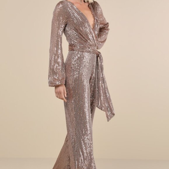 Lulus Effervescent Attitude Bronze Mesh Sequin Long Sleeve Jumpsuit Brown - Picture 1 of 1